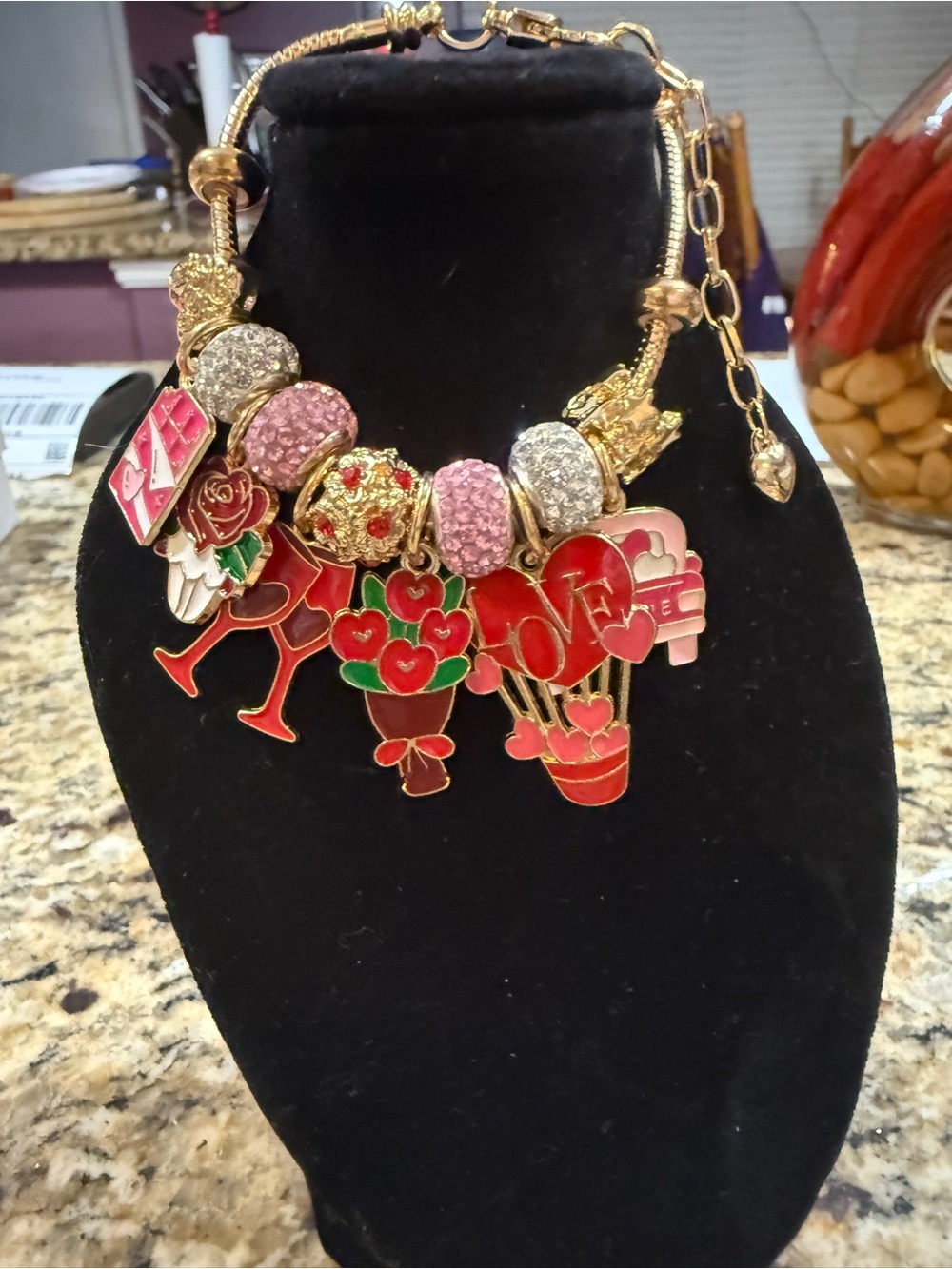 Gold-Tone Valentine's Day Charm Bracelet with Red & Pink Enamel